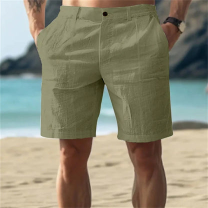 2025Men's Solid Color Casual Short Pants Linen Beach Breathable Comfortable Straight Short Trousers Hawaiian Holiday Men'S Pants