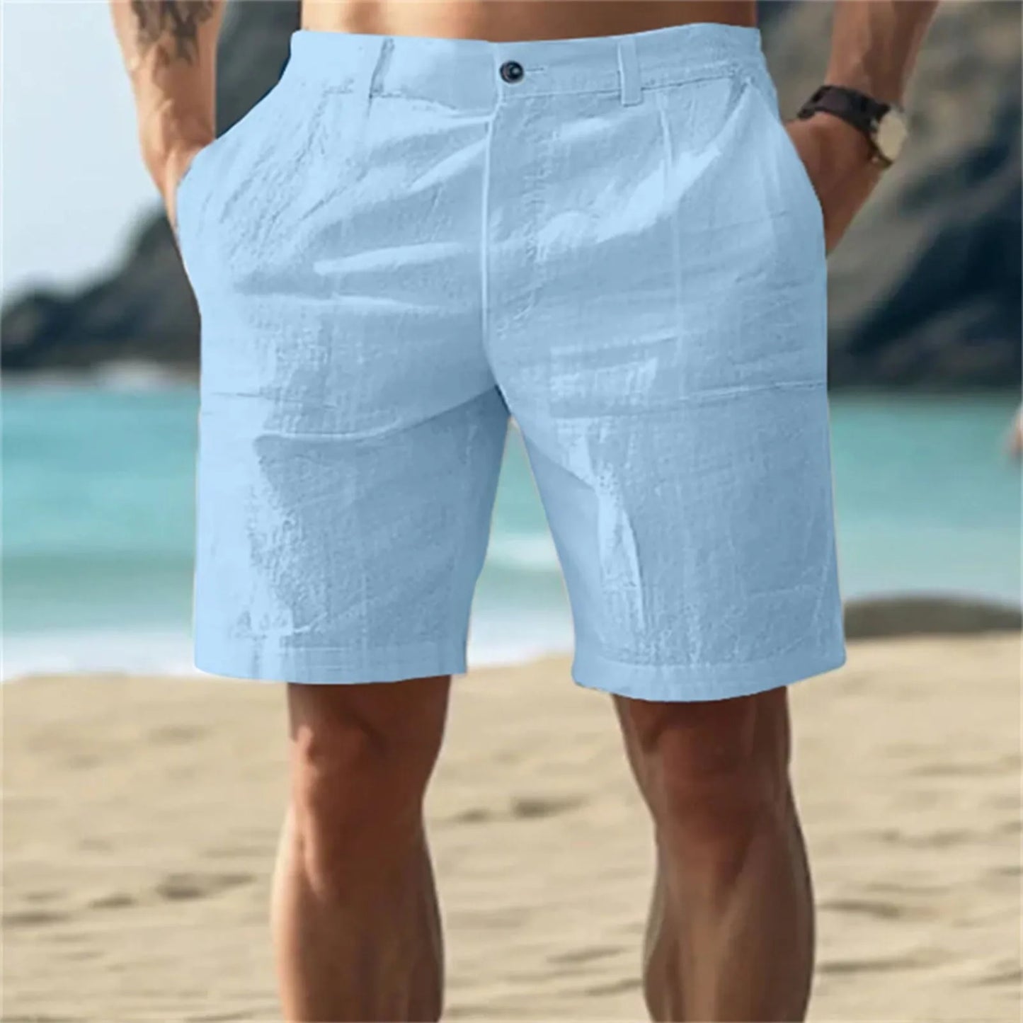 2025Men's Solid Color Casual Short Pants Linen Beach Breathable Comfortable Straight Short Trousers Hawaiian Holiday Men'S Pants