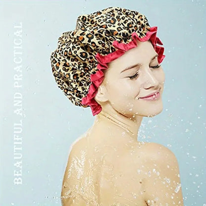 1pc Waterproof Shower Cap Leopard Print Double Layer Elastic Shower Hair Cover Reusable Wave Point Shower Cap Bathing Supplies