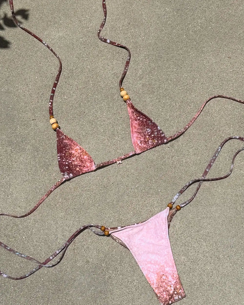 2025 Women's Two-Piece Swimsuit Pink Marble Pattern with Beaded Straps Perfect for Beach Wear and Pool Parties Summer Getaways