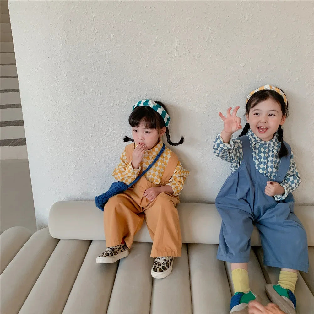 2025 Spring Kids Sets Clothes Children Clothing Suit Baby Boy Girl Fashion Cotton Linen Plaid Blouse+Pants Jumpsuit 2pcs Outfits