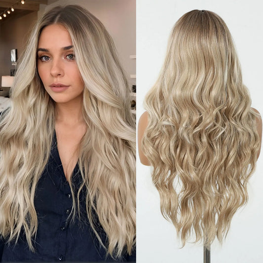 Synthetic Lace Hairline Wigs Platinum Blonde Highlight Long Wavy Lace Forehead Wig Hand Crochet Wigs for Women Heat Resistant