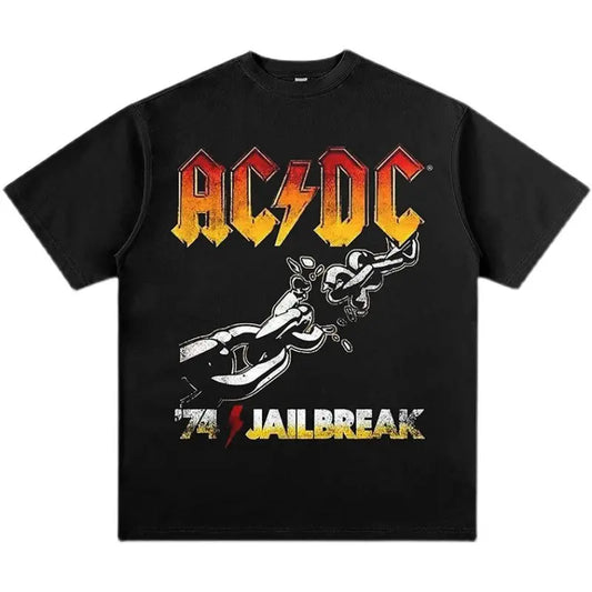 Loose Short-sleeved T-shirts for Men and Women By The High-street VINTAGE Rock Band ACDC with Direct Printing