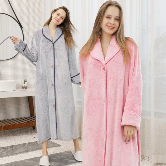 Long Nightgown for Men and Women, Warm Flannel Sleepwear, Shower Robe, Home Clothes, Button Bathrobe Gown, Winter and Autumn