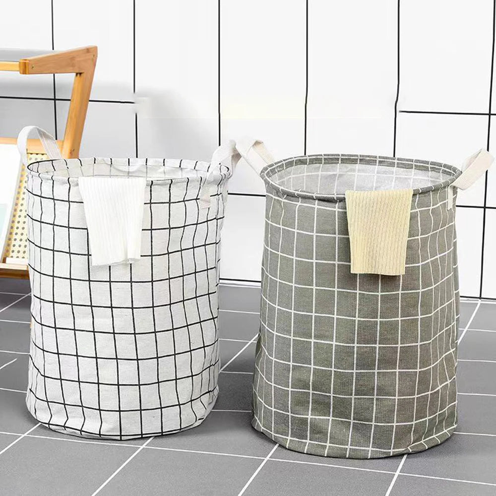 Household Dirty Clothes Basket Toy Storage Bucket Plaid Fabric Cotton Linen Dirty Clothes Basket Large Foldable Waterproof Stora