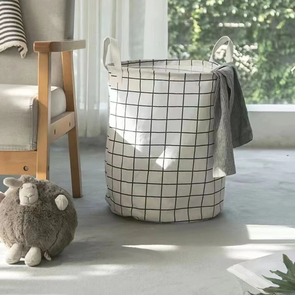 Household Dirty Clothes Basket Toy Storage Bucket Plaid Fabric Cotton Linen Dirty Clothes Basket Large Foldable Waterproof Stora