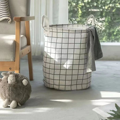 Household Dirty Clothes Basket Toy Storage Bucket Plaid Fabric Cotton Linen Dirty Clothes Basket Large Foldable Waterproof Stora