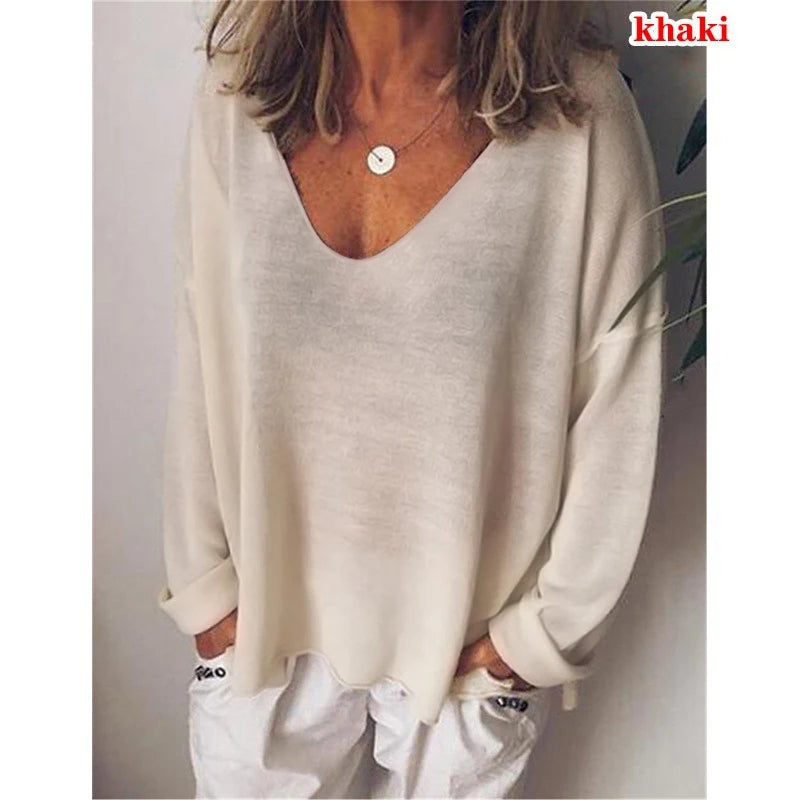 2023 Autumn Womens Clothing Solid Color T Shirts Casual Loose Tops Femme V-Neck Blouses Long Sleeve Thin Clothes Fashion Daily