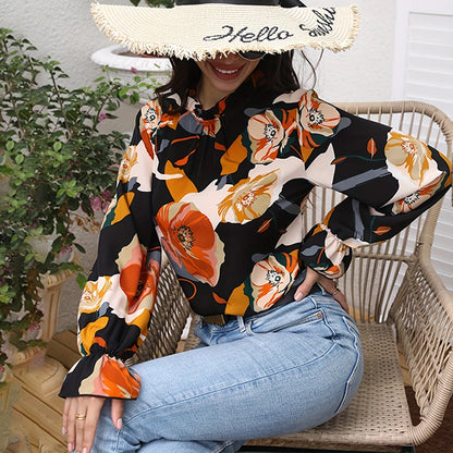 2024 Women's shirt fashion flower print design shirt new long sleeve 100 round neck casual flared cuff breathable fiber material