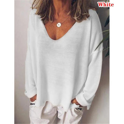 2023 Autumn Womens Clothing Solid Color T Shirts Casual Loose Tops Femme V-Neck Blouses Long Sleeve Thin Clothes Fashion Daily