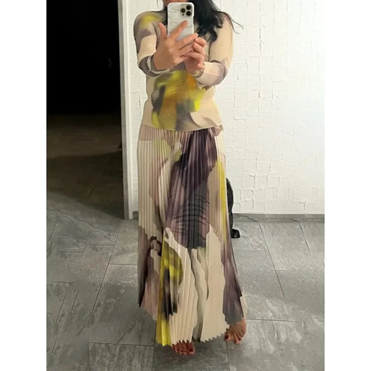 Women Party 2-piece Set Round Neck Long-sleeved Printed Slim Top High Waist Casual Loose A-line Half Skirt 2025 New Female