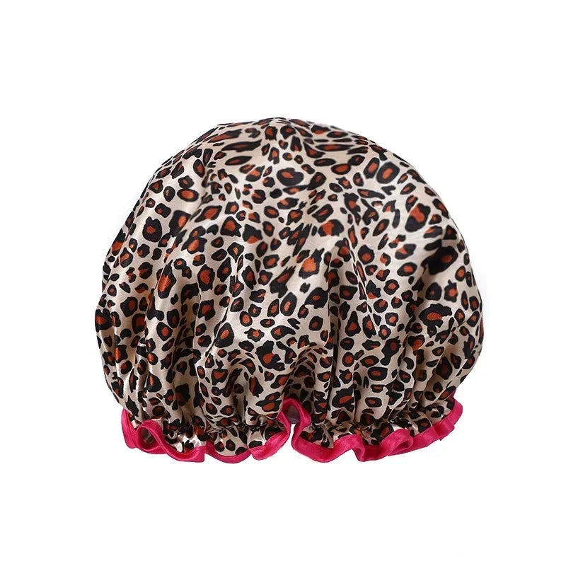 1pc Waterproof Shower Cap Leopard Print Double Layer Elastic Shower Hair Cover Reusable Wave Point Shower Cap Bathing Supplies