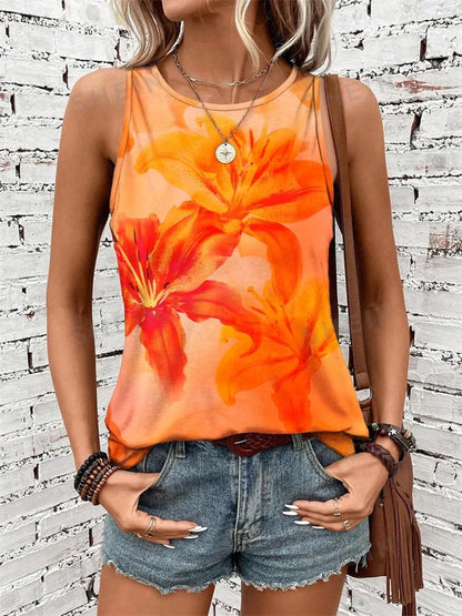 2024 New Urban Street Fashion Women's Crew-neck Tank Top Summer Daily Casual Women's Tank Top Flower Print Sleeveless T-shirt