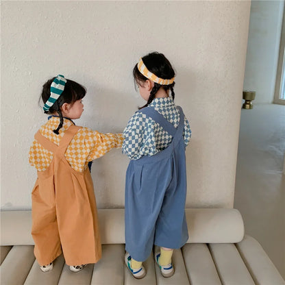 2025 Spring Kids Sets Clothes Children Clothing Suit Baby Boy Girl Fashion Cotton Linen Plaid Blouse+Pants Jumpsuit 2pcs Outfits