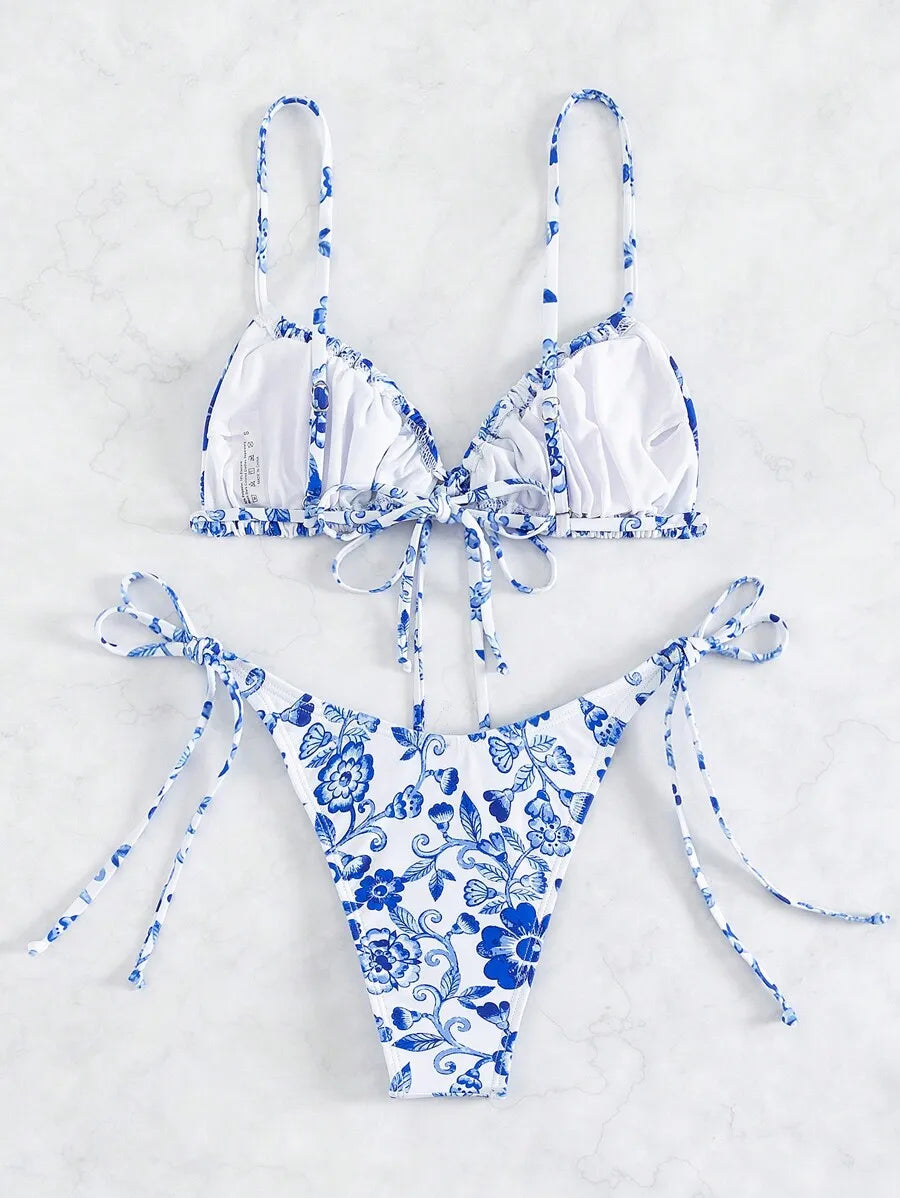 2025 Women's Swimsuit 2-Piece Sets Blue-And-White Print Sexy Bikini Separate Swimsuit Women's Swimwear Triangle Design Bikinis