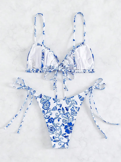 2025 Women's Swimsuit 2-Piece Sets Blue-And-White Print Sexy Bikini Separate Swimsuit Women's Swimwear Triangle Design Bikinis