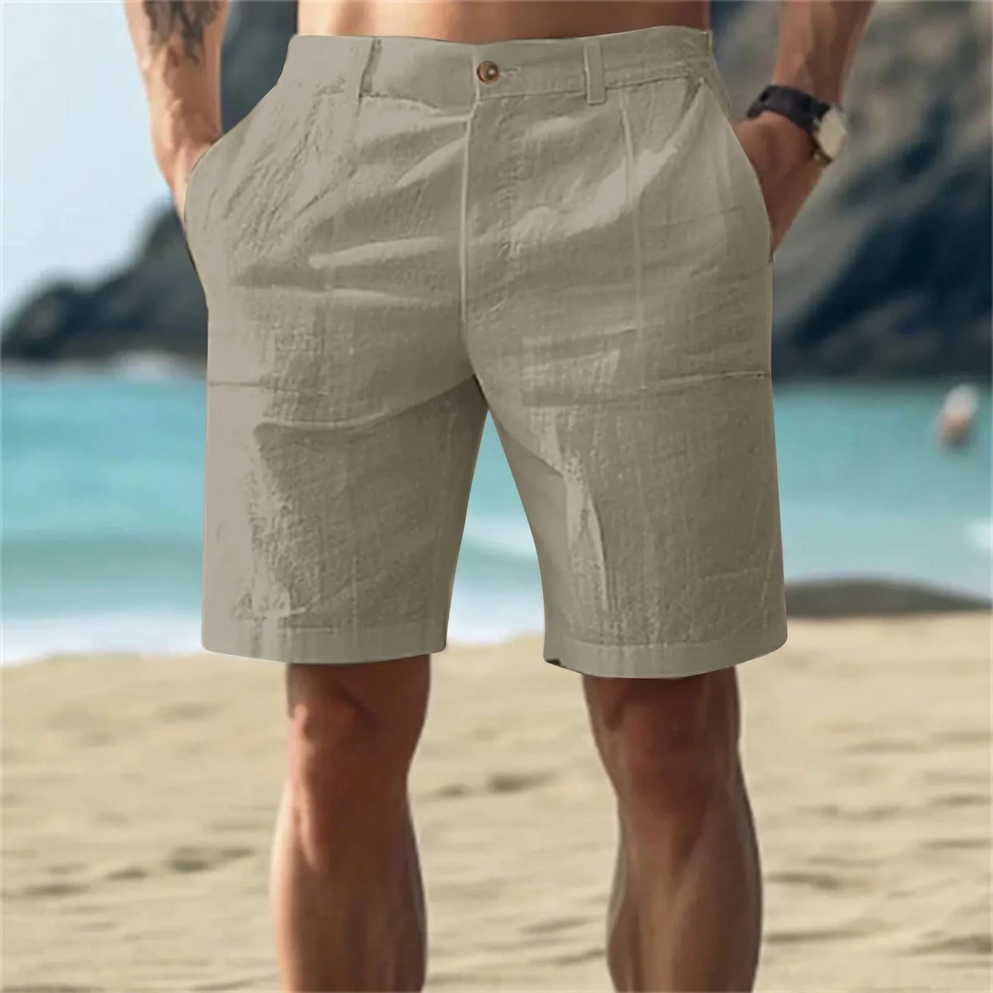 2025Men's Solid Color Casual Short Pants Linen Beach Breathable Comfortable Straight Short Trousers Hawaiian Holiday Men'S Pants