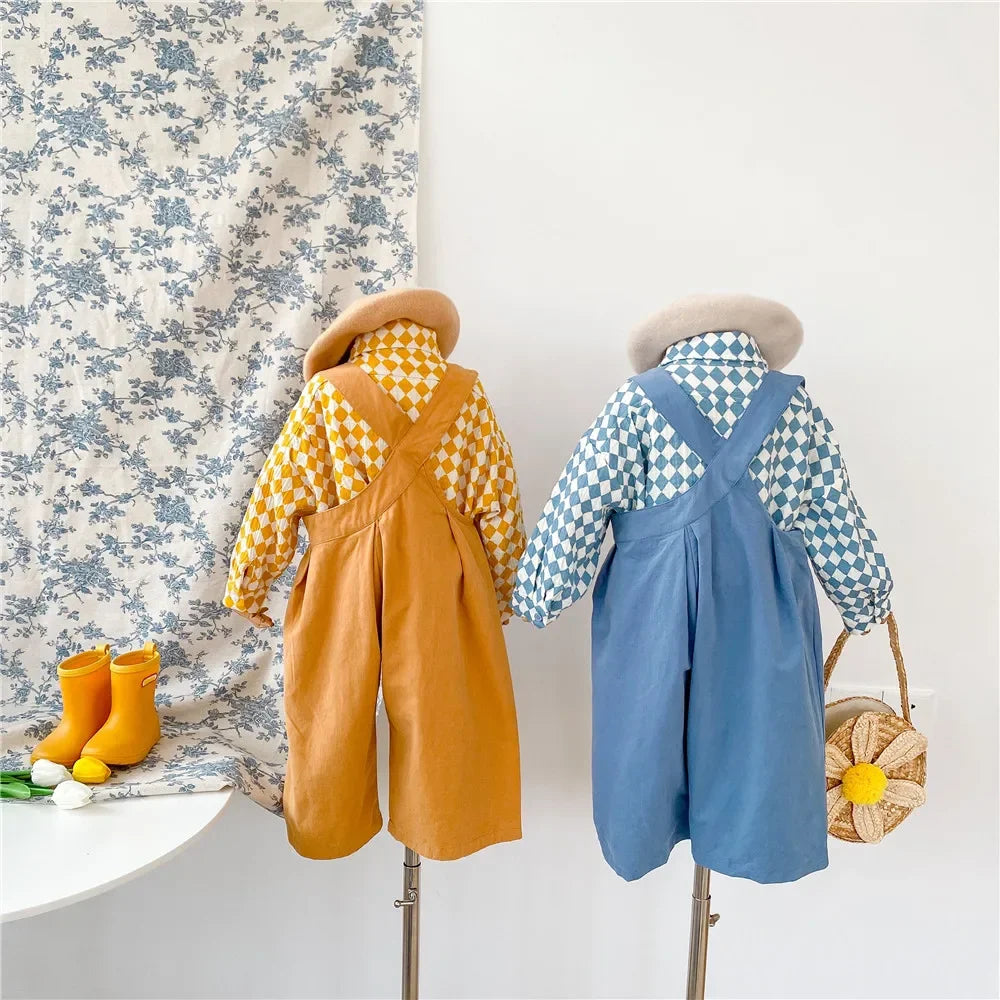 2025 Spring Kids Sets Clothes Children Clothing Suit Baby Boy Girl Fashion Cotton Linen Plaid Blouse+Pants Jumpsuit 2pcs Outfits