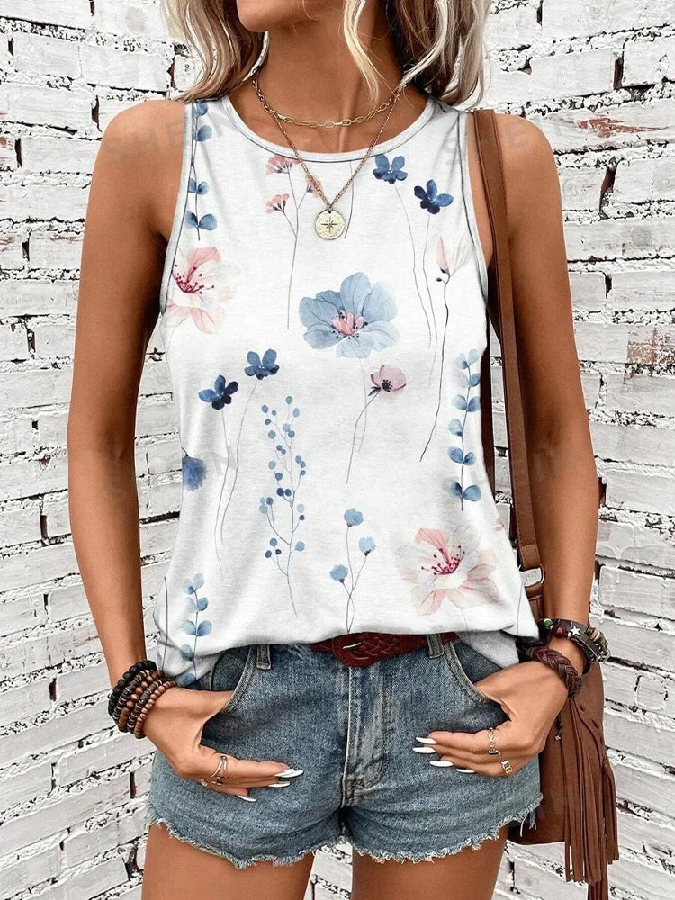 2024 New Urban Street Fashion Women's Crew-neck Tank Top Summer Daily Casual Women's Tank Top Flower Print Sleeveless T-shirt