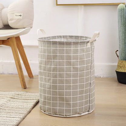 Household Dirty Clothes Basket Toy Storage Bucket Plaid Fabric Cotton Linen Dirty Clothes Basket Large Foldable Waterproof Stora