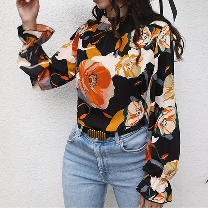2024 Women's shirt fashion flower print design shirt new long sleeve 100 round neck casual flared cuff breathable fiber material