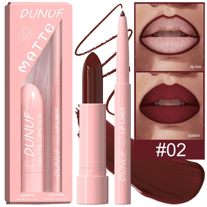 Red Brown Matte Lipstick Lip Liner Set Waterproof Long Lasting Hydrating Non Sticky Contour Lip Makeup