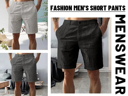 2025Men's Solid Color Casual Short Pants Linen Beach Breathable Comfortable Straight Short Trousers Hawaiian Holiday Men'S Pants