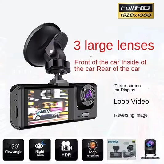 Dash Cam 1080P 3 Channel Car DVR with Night Vision Loop Recording IPS Screen Interior and Cabin Camera Recorder