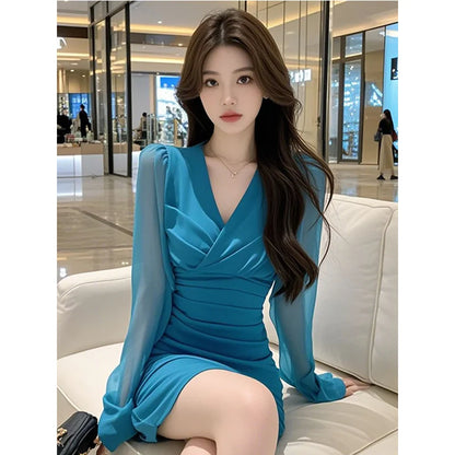 2025 New Women Clothes Temperament Dresses Ladies Fashionable Pleated V-neck Long Sleeve Sexy Dress Women Solid Color Dresses