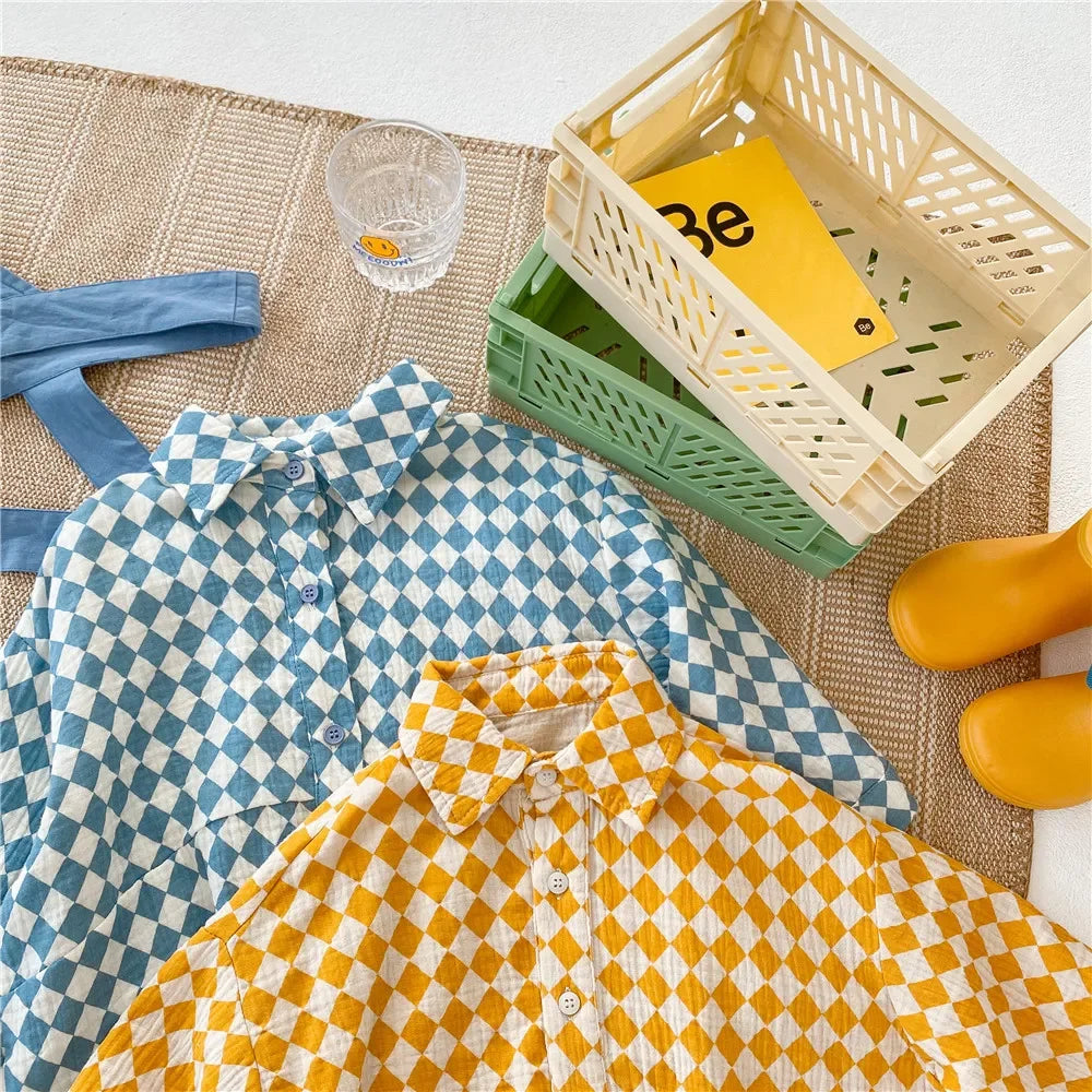 2025 Spring Kids Sets Clothes Children Clothing Suit Baby Boy Girl Fashion Cotton Linen Plaid Blouse+Pants Jumpsuit 2pcs Outfits
