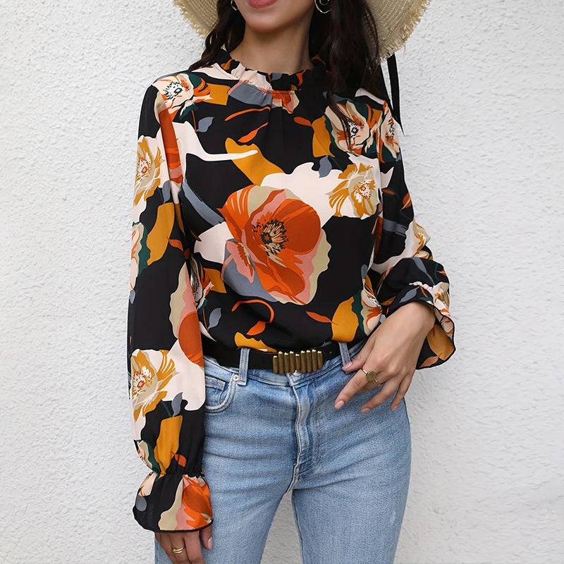 2024 Women's shirt fashion flower print design shirt new long sleeve 100 round neck casual flared cuff breathable fiber material