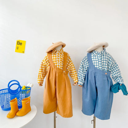 2025 Spring Kids Sets Clothes Children Clothing Suit Baby Boy Girl Fashion Cotton Linen Plaid Blouse+Pants Jumpsuit 2pcs Outfits