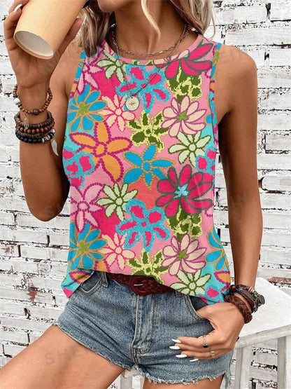 2024 New Urban Street Fashion Women's Crew-neck Tank Top Summer Daily Casual Women's Tank Top Flower Print Sleeveless T-shirt