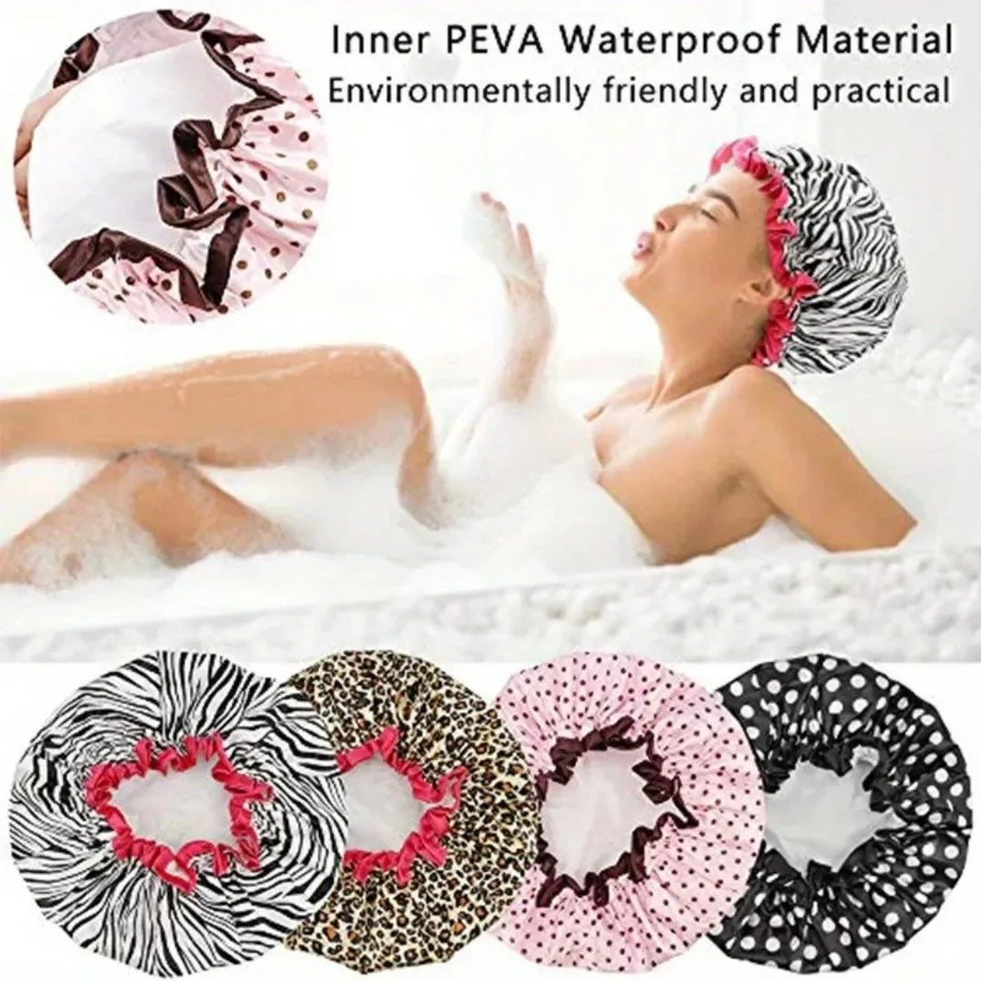 1pc Waterproof Shower Cap Leopard Print Double Layer Elastic Shower Hair Cover Reusable Wave Point Shower Cap Bathing Supplies