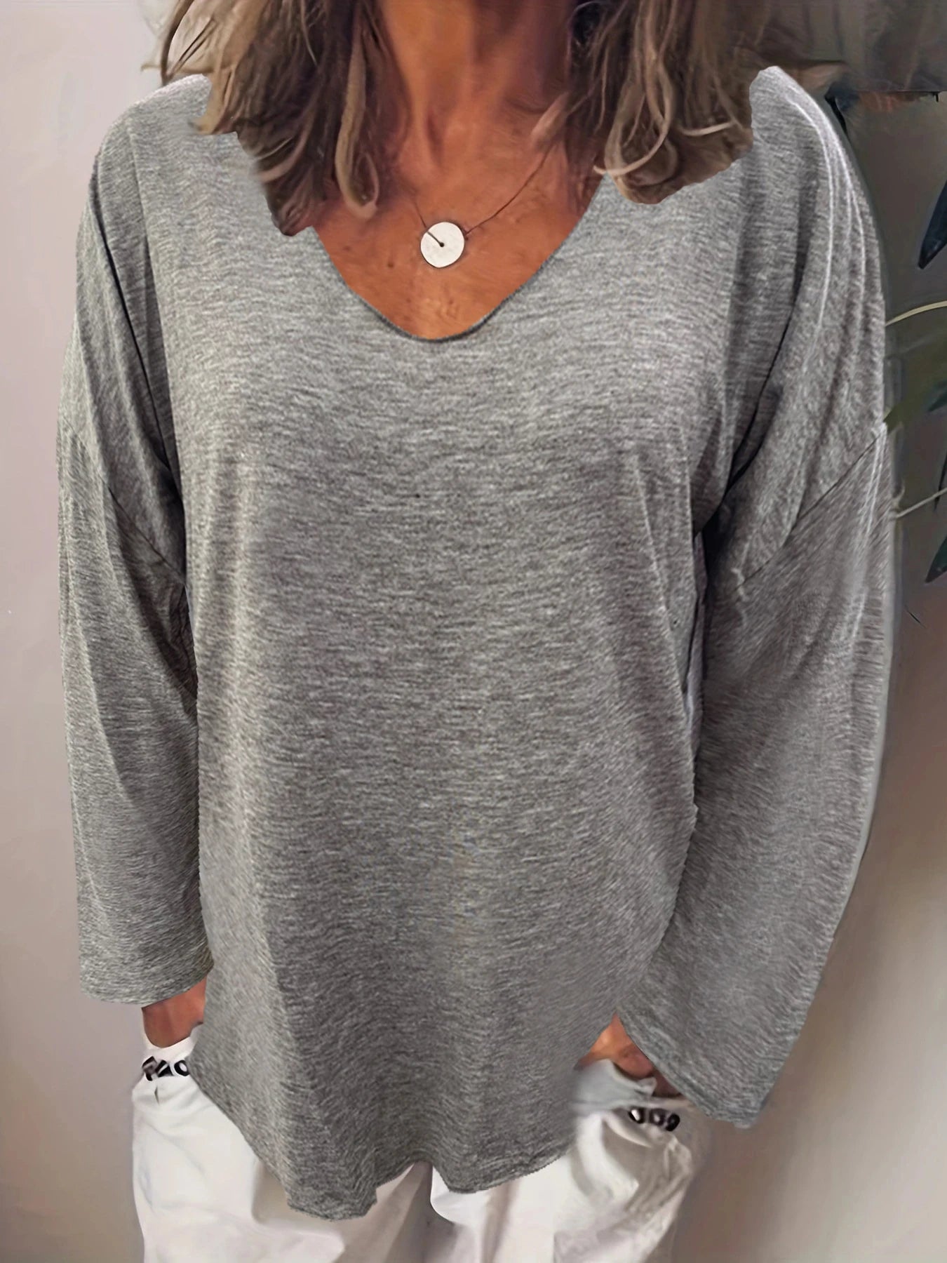 2023 Autumn Womens Clothing Solid Color T Shirts Casual Loose Tops Femme V-Neck Blouses Long Sleeve Thin Clothes Fashion Daily