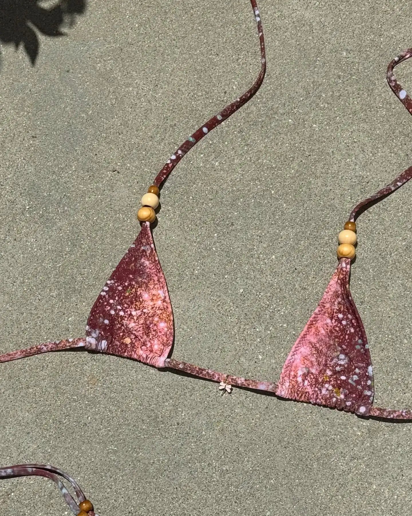 2025 Women's Two-Piece Swimsuit Pink Marble Pattern with Beaded Straps Perfect for Beach Wear and Pool Parties Summer Getaways