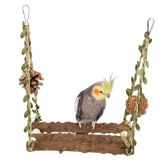 1pc Wooden Bird Perch Swing Set with Climbing Ladder, Multi-Functional Pet Accessories with Chewing and Grinding Features, Non-Electric Hanging Cage Toy for Parrots, Lovebirds, and Conures, with Color May Vary