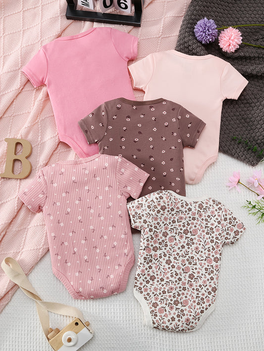 Newborn Short Sleeve Jumpsuit 5pcs Set Flower Print Embroidered Triangle Jumpsuit, Ha Clothes Outfit Set 0-9 Months Baby Clothes, Suitable for Outdoor Wear